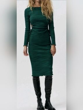 Zara Dark Green Ribbed Long Sleeve Midi Dress